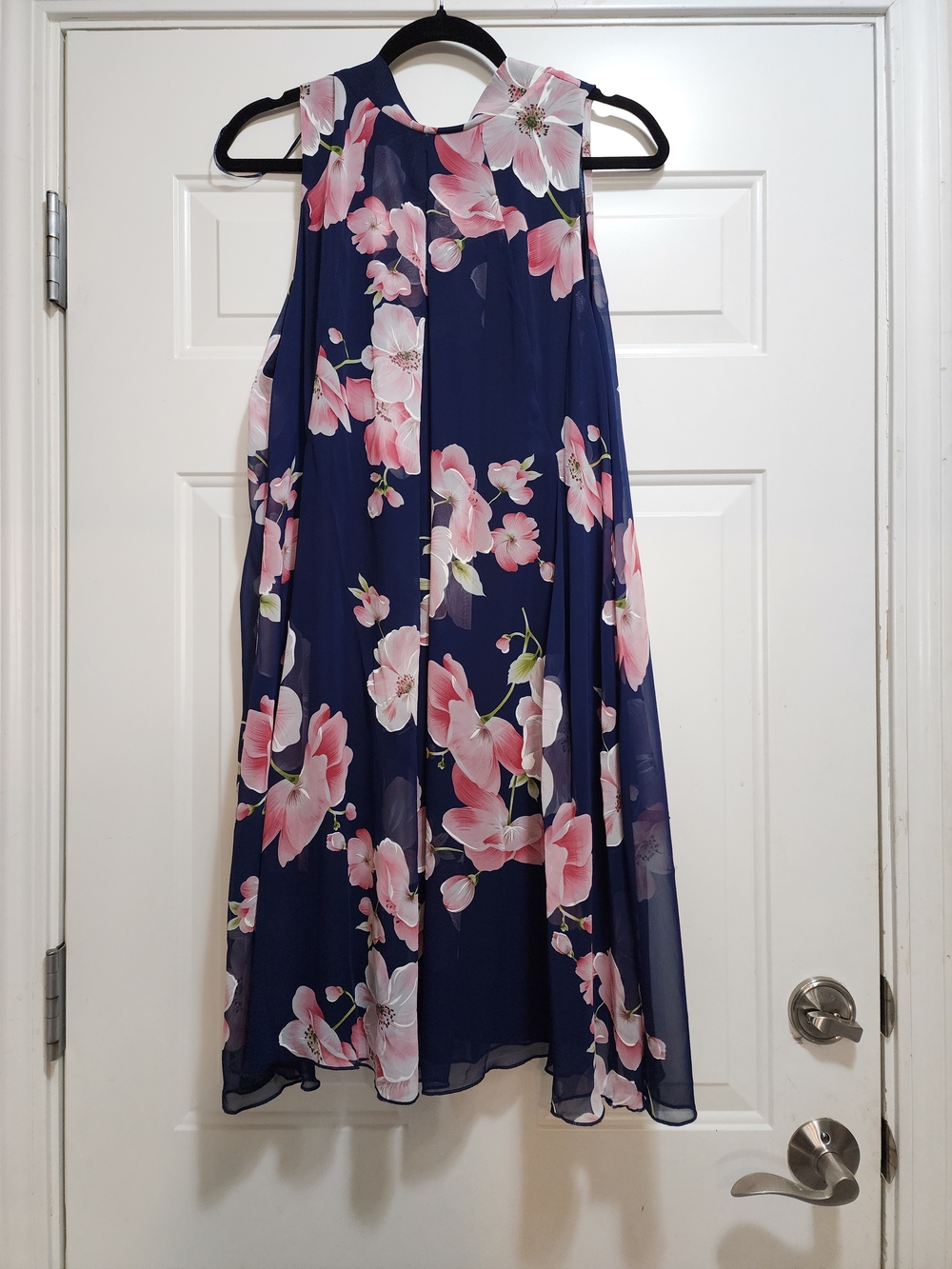 Robbie Bee Navy Floral Chiffon A-Line Sleeveless Dress Size 16